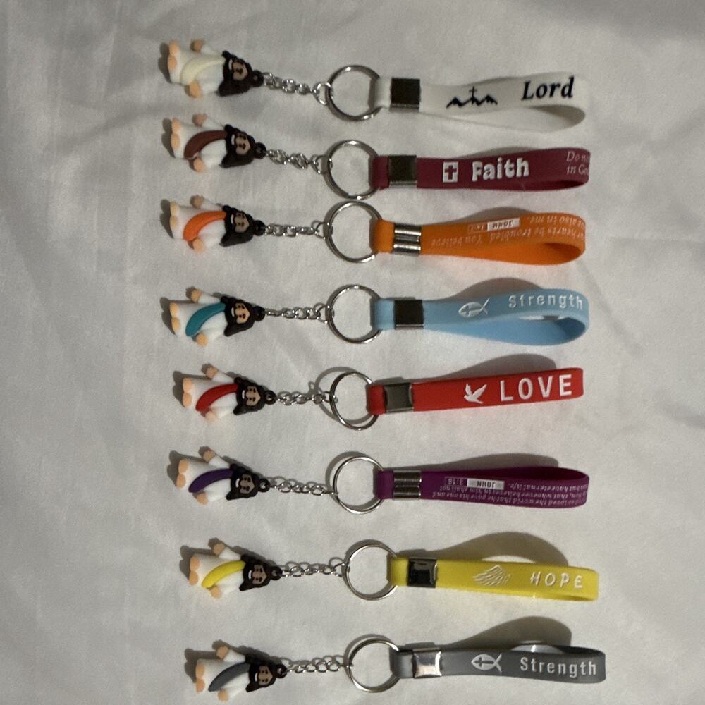 Lot of 8 Religious Jesus Rubber Wristlet Strap Keychains, Detachable, Multi